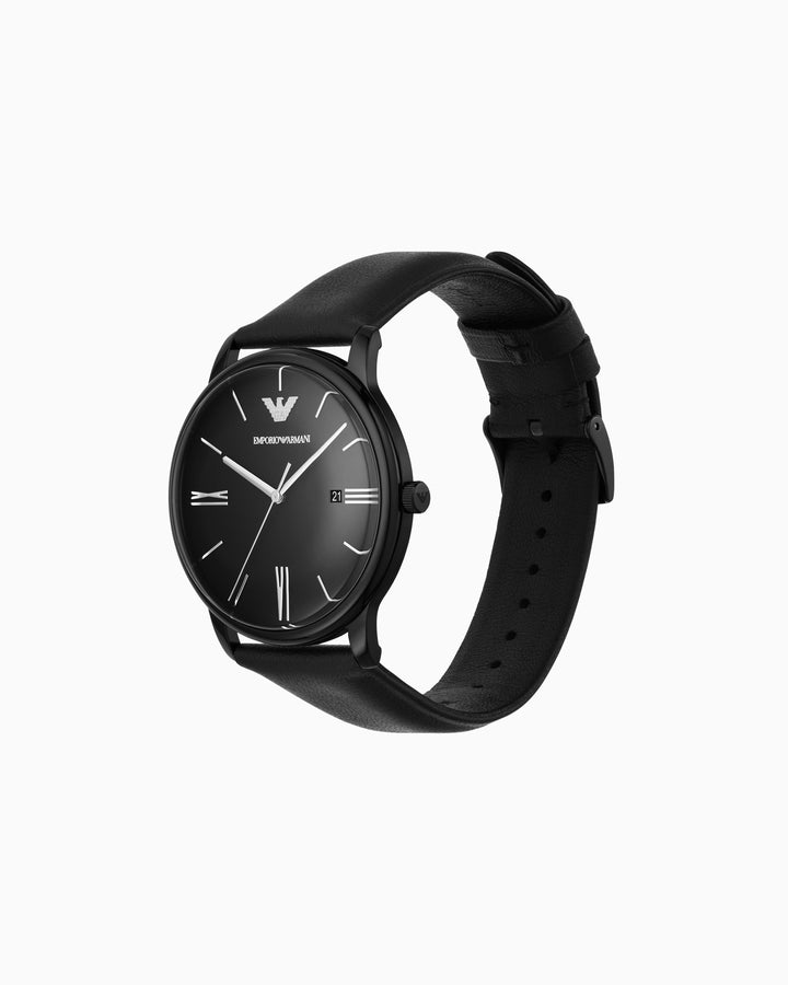 OROLOGIO IN PELLE NERA A TRE LANCETTE CON DATARIO